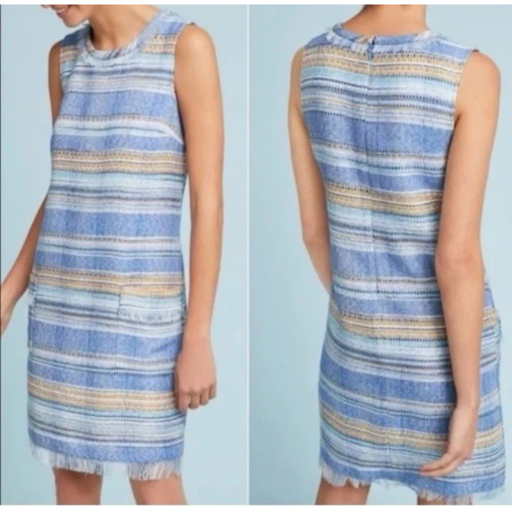 Anthropologie Akemi + Kin Blue Woven Striped Shift Dress Size 0 Pockets Fringe